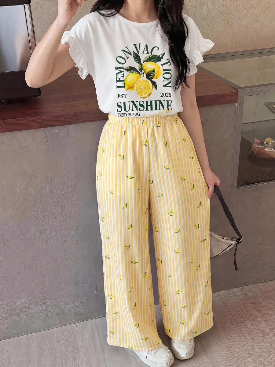 SHEIN 青少年女孩 T-shirt 套裝 梭織純色荷葉袖上衣搭配碎花長褲休閒套裝 - 彩色 - 查看 1