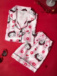 Betty Boop X POKOJA LAND 2-Piece Pajama Set With Shorts With Fashionable Pattern, Polyester Material, Matching Comfortable Shorts, Elastic Waistband, Spring Summer Relax, For Women, Perfect Slouchy Weeken - Pink - View 4