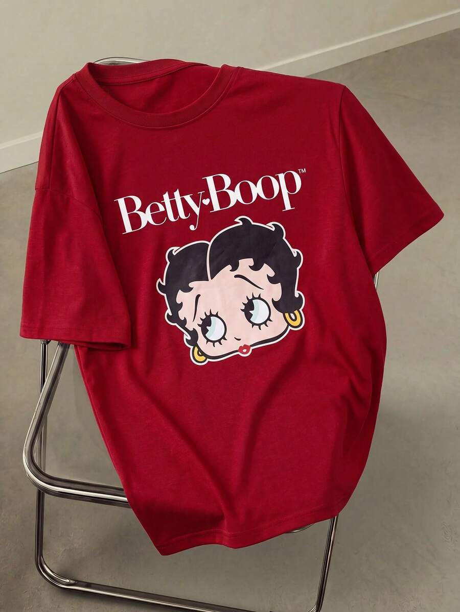 Betty Boop x SHEIN 夏季可爱锐舞音乐会度假海滩休闲波西米亚性感优雅复古Y2K酷炫红色大码字母和图案圆领短袖宽松T恤 - 紅色 - 查看 1