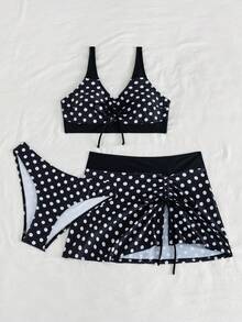 Swim Lushoire 女款夏季海灘波點性感比基尼三角內褲兩件式泳衣套裝附迷你裙 - 黑與白 - 查看 4
