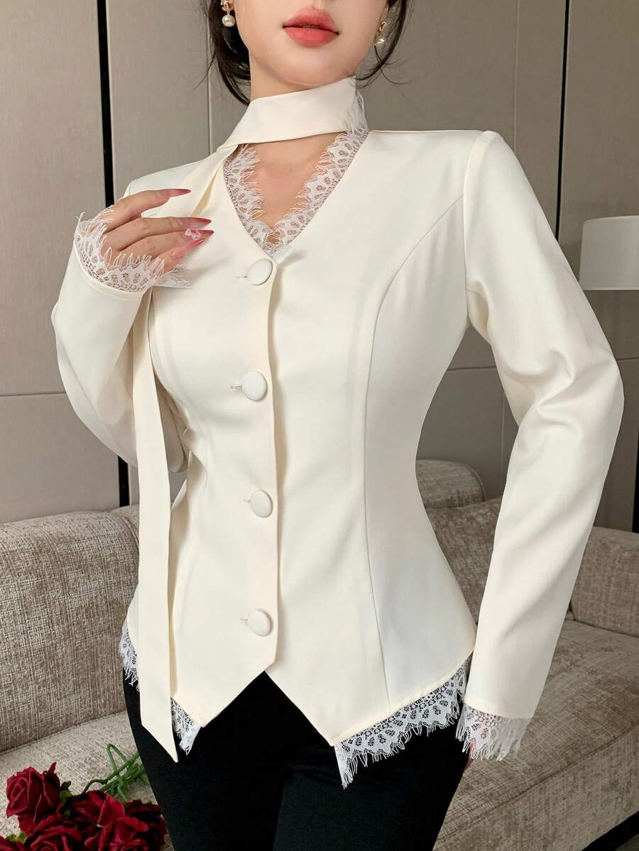 Modelyn 女款優雅時尚輕奢蕾絲拼接修身緞帶夾克，適合通勤與辦公場合，秋季新品
