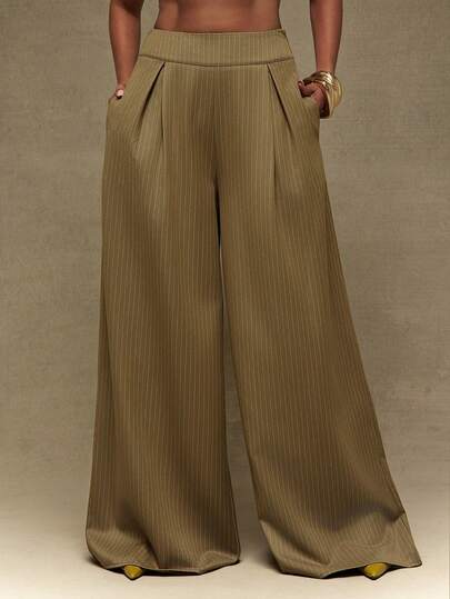 Vixey High-Waist Flowy Wide Leg Pants In Stripe Woven, 2 Piece Set, Formal Wear, Work Trousers