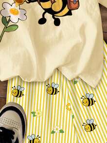 Tween Girl Casual Minimalist Cartoon Pattern Short Sleeve & Shorts 2 Pieces Set, Suitable For Summer - Multicolor - View 7