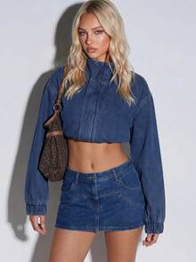Normani Jaket Denim Kasual Lengan Panjang Pendek untuk Wanita - Medium Wash - View 6