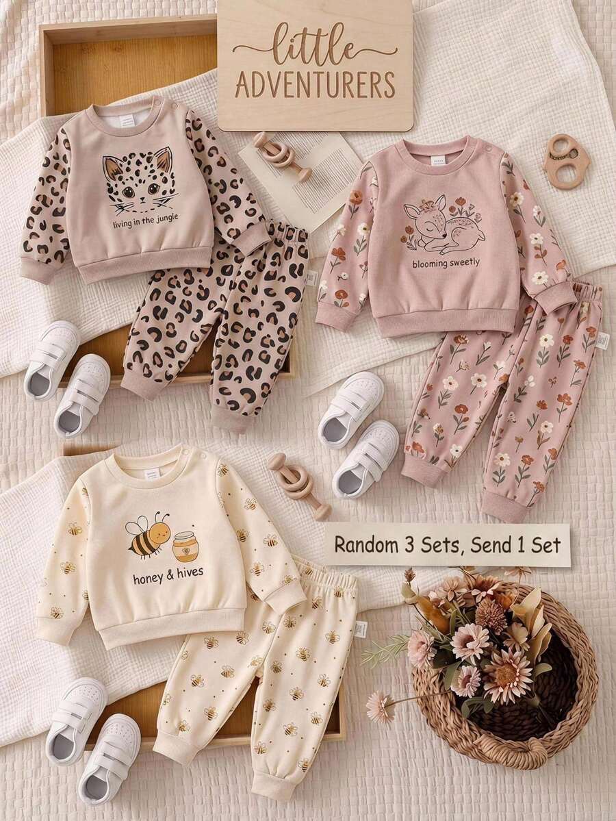 Cute & Casual Newborn Leopard-Print Long-Sleeve Sweatshirt And Pants Set (Beige / Autumn-Winter / Holiday Season) – Fleece-Lined & Thickened - Multicolor - View 1