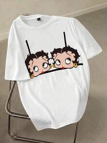 Betty Boop x SHEIN T-shirt d'été à manches courtes pour femmes, col rond, imprimé de dessin animé, décontracté et polyvalent - Blanc - Voir 1