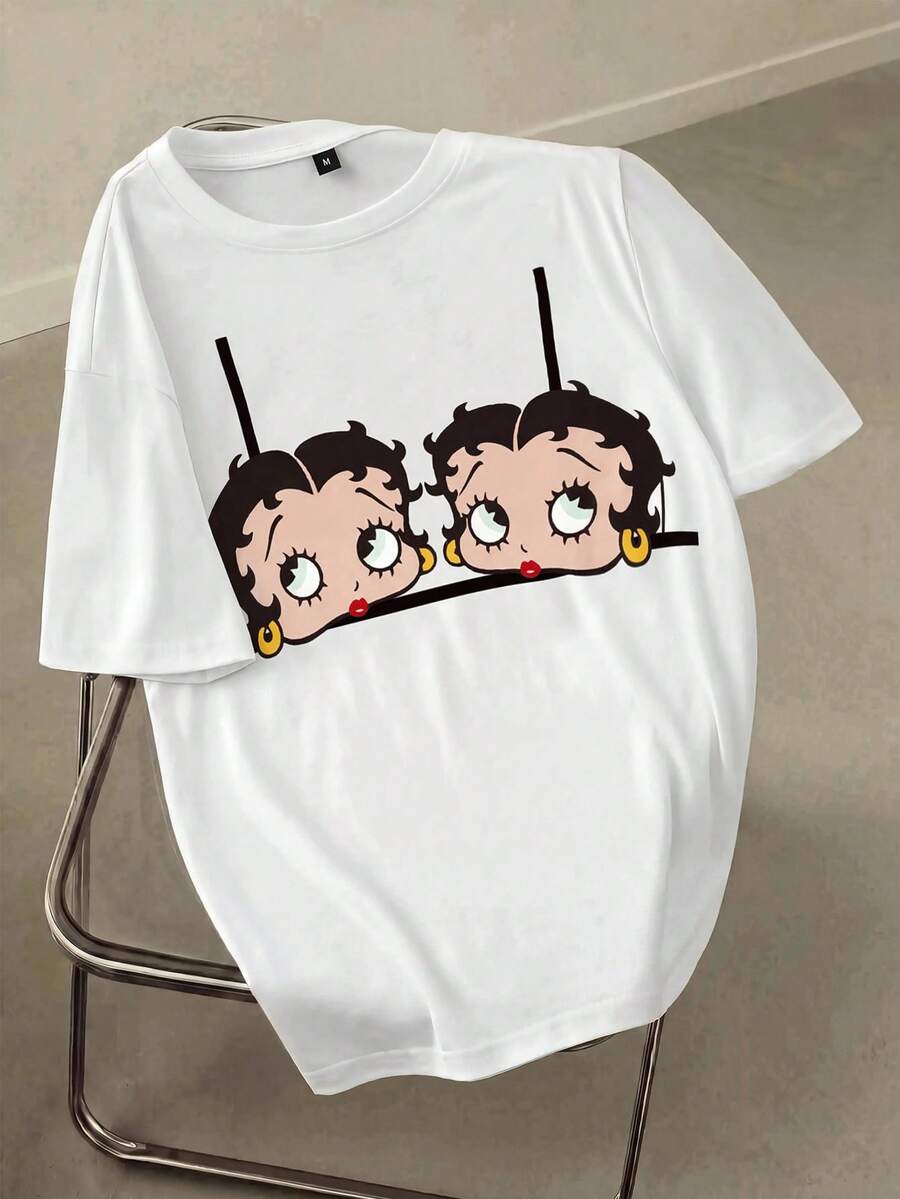 Betty Boop x SHEIN T-shirt d'été à manches courtes pour femmes, col rond, imprimé de dessin animé, décontracté et polyvalent - Blanc - Voir 1