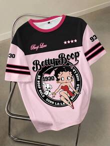 Betty Boop x SHEIN Plus Size Color Block Letter & Cartoon Figure Graphic Round Neck Short Sleeve T-Shirt - White - View 1