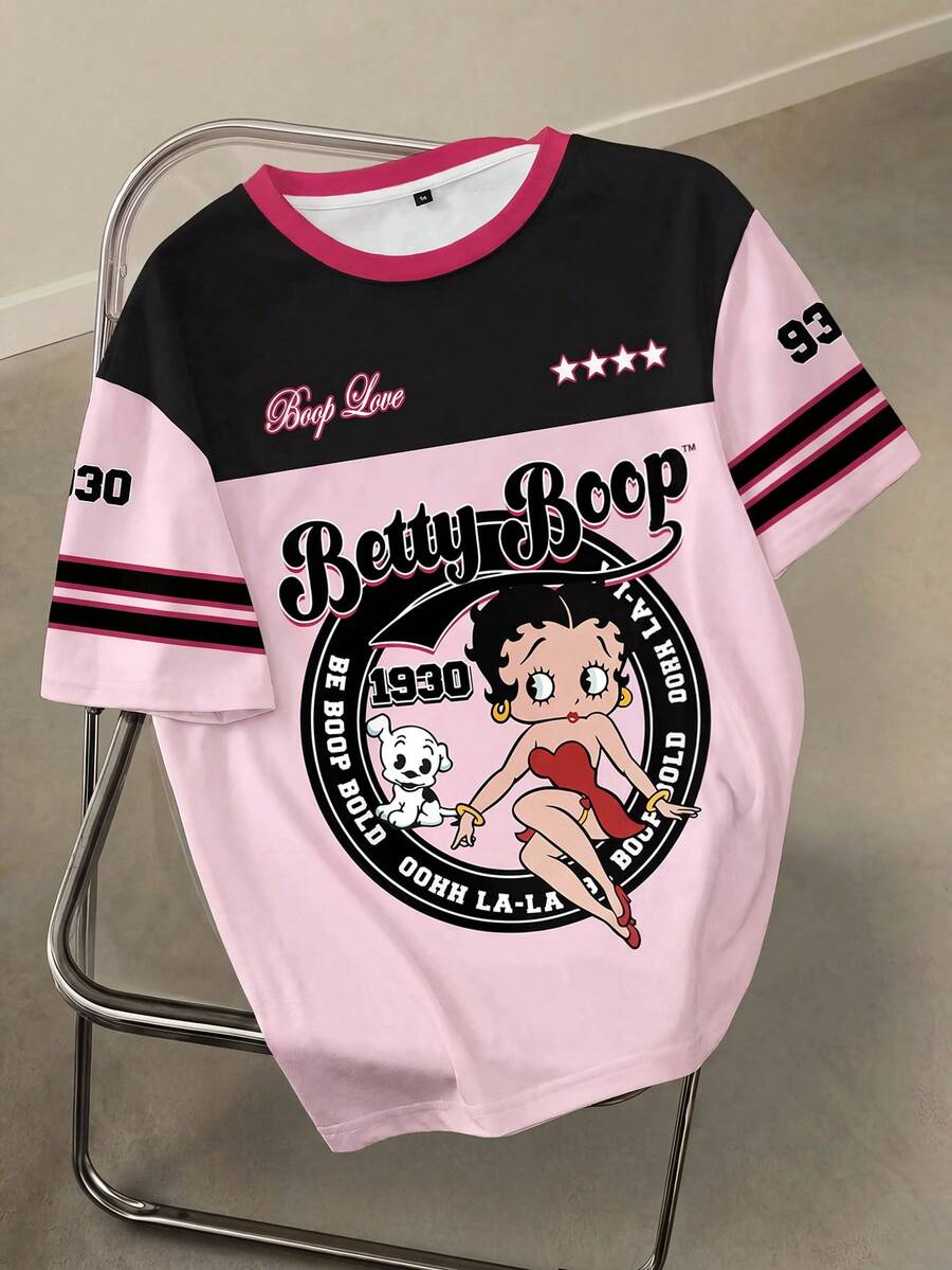 Betty Boop x SHEIN Plus Size Color Block Letter & Cartoon Figure Graphic Round Neck Short Sleeve T-Shirt - White - View 1