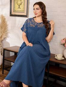 Lacomfia Damen elegantes minimalistisches gestreiftes Spitzen-Patchwork-Kleid mit aufgesetzten Taschen, locker und figurschmeichelnd, für den Sommer, Große Größen, Kurzarm - Blau - Übersicht 7