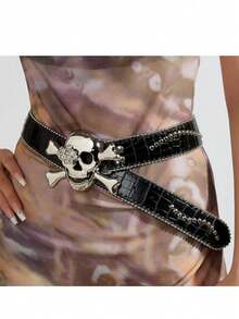 MortiRose 1 Piece Punk Crocodile Pattern PU Wide Belt, Skull Metal Buckle Rivet Decorative Belt, Halloween, Halloween Accessories/, Halloween Costume/Gothic - Multicolor - View 13