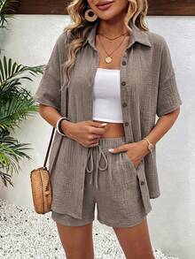 EMERY ROSE Women's Solid Color Single-Breasted Collar Shirt And Shorts 2 Pieces Set - Khaki - View 6