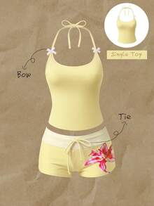 Elavelle Bộ bikini nữ xuân/hè họa tiết ngẫu nhiên, cổ yếm, trang trí nơ - Màu vàng - Xem 1