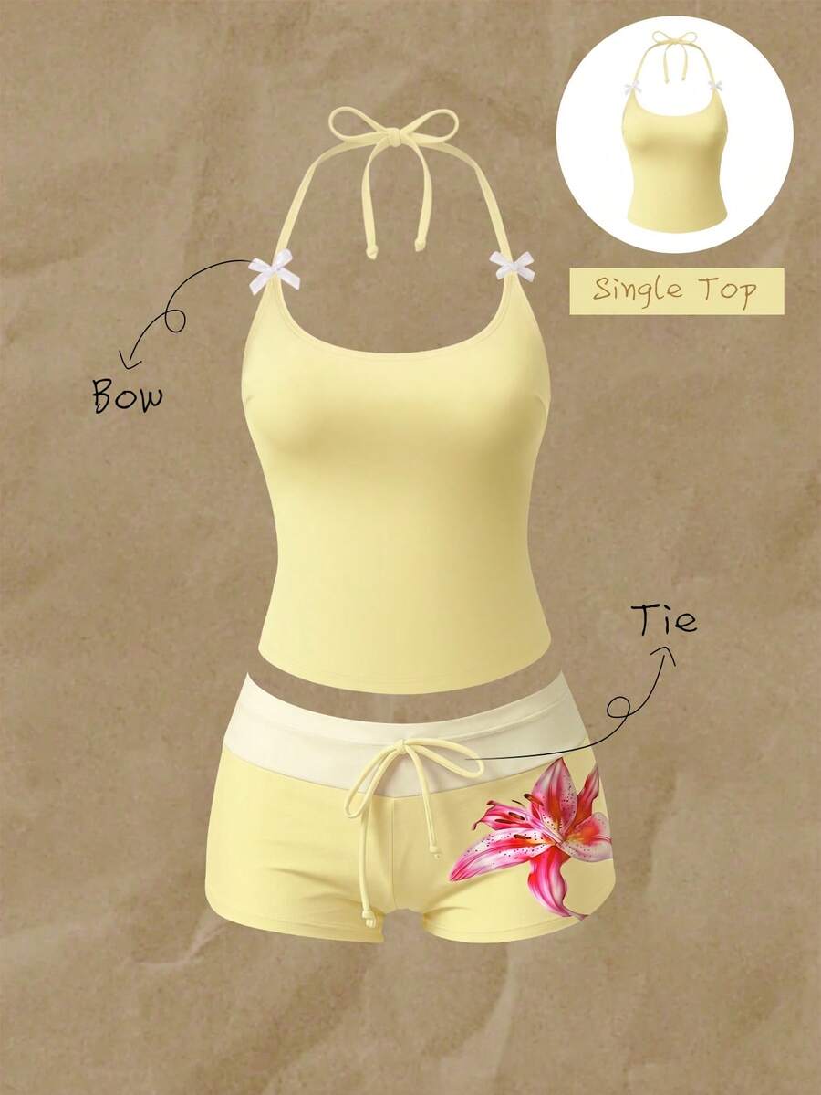 Elavelle Bộ bikini nữ xuân/hè họa tiết ngẫu nhiên, cổ yếm, trang trí nơ - Màu vàng - Xem 1
