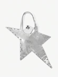 Viva Strut 1pc Star Shape Shoulder Bag, Sliver Faux Leather, Fashion, Personalized, Versatile, Street Style, Sweet Cool Girl, Hot Girl, Y2K, Rivet. - Silver - View 6