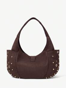 Viva Strut Women's Fashionable Personalized Street Cool Retro Brown Suede Rivet Metal Buckle Shoulder Bag, Daily Commute To Work Shopping To School - Brown - View 6