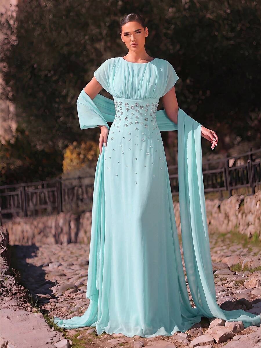Aureia 優雅浪漫時尚雪紡面料水鑽裝飾抓皺修身A字裙 派對禮服 婚禮賓客禮服 單身派對禮服 正式晚禮服 - 水鴨藍 - 查看 1