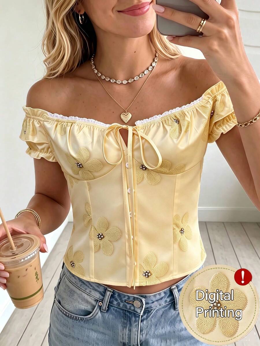 SHEIN PariChic Women's Floral Print Ruffle Trim Cold Shoulder Front Tie Short Sleeve Top Going Out Brunch Vacation Pale Yellow Summer Y2k Cottagecore Romantic - Yellow - View 1