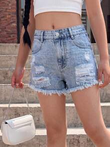 Tween Girls Y2K Streetwear Casual Style Jeans-Vintage Distressed Light Blue, Ripped Frayed, Relaxed Fit, Denim Back-To-School Travel Holiday Summer - Light Wash - View 8