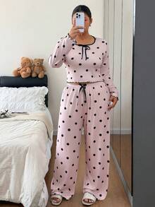 Napfluff CURVE Napfluff CURVE Polka Dot Print Long Sleeve Long Pants Plus Size Pajama Set - Coral Pink - View 3