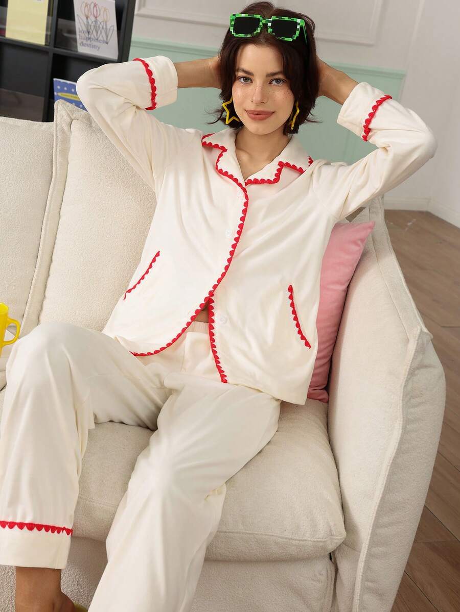 Chillnights Women's Shell Embroidery Contrast Color Pocket Top And Long Pants Pajama Set Sleep Red And White Checkered Autumn Cute Kawaii - White - View 1