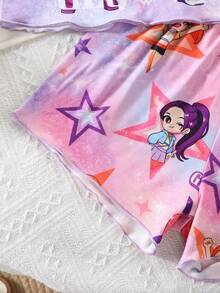 2pcs Young Girl Comfortable Soft Knit Camisole Shorts Set, Ruffled Design, Cute Pattern, Ideal Gift - Multicolor - View 4