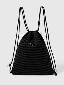 ROMWE Anime 1Pc Dark Gray Black Striped Printing Large Capacity Drawstring Bundle Backpack Casual Versatile Unisex Suitable For Commuting, Socializing, Shopping - Gray black stripes 1 - View 1