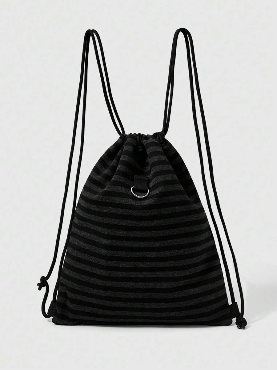 ROMWE Anime 1Pc Dark Gray Black Striped Printing Large Capacity Drawstring Bundle Backpack Casual Versatile Unisex Suitable For Commuting, Socializing, Shopping - Gray black stripes 1 - View 1
