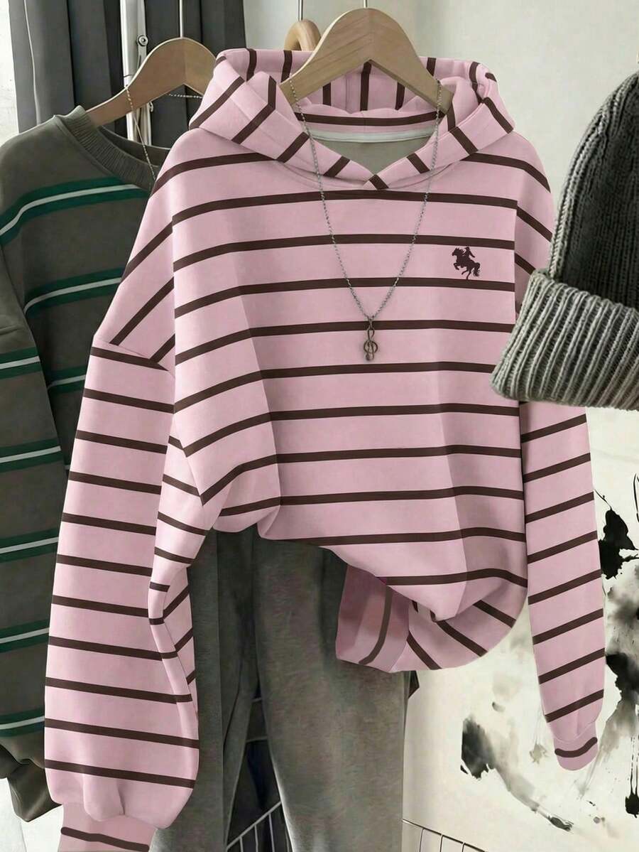 SHEIN 青少年女孩秋冬新款粉色與棕色條紋寬鬆衛衣 - 粉色 - 查看 1