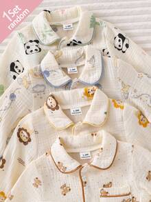 SHEIN Vintaside Kids 新生兒舒適柔軟親膚棉感米色獅子熊貓熊月亮兔子印花領口鈕扣前開長袖長褲包邊連身衣4件套 - 彩色 - 查看 4