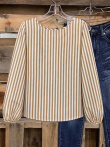 SHEIN LUNE CURVE Plus Size Women's Design Striped Ruffle Trim Patchwork Long Sleeve Blouse, Casual Autumn/Winter For Going Out And Office Commute Fall - Multicolor - View 2