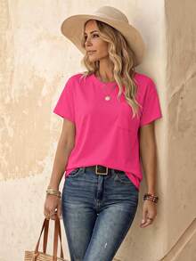 EMERY ROSE Camiseta unicolor con parche de bolsillo - Rosa Fucsia - Ver 3