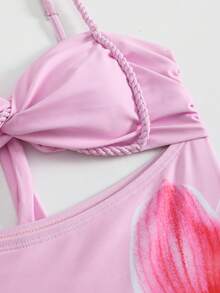 Swim SXY 夏季新款女款 2 件式海灘套裝，含一件式上衣、漸層編繩細肩帶、側綁帶海灘裙比基尼 3 件套 - 粉色 - 查看 4
