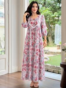 Al Najma 女款印花圓領蕾絲飾邊拼接喇叭裙 - 粉色 - 查看 5