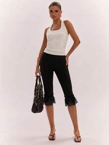 SHEIN BAE Women's Solid Color Contrast Lace Ruffle Hem Fashion Capri Length Pants - Black - View 5