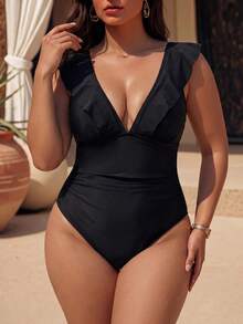 Swim Chiccia Baju Renang Terusan Wanita Ukuran Besar Warna Polos untuk Pesta Pantai Musim Panas, Liburan, dan Liburan, Berkerut dan Berlipit, Seksi, Elegan, dan Mengalir, Warna Hitam - Hitam - View 6