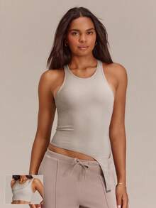 GLOWMODE Double Glow Waist-Length Two-Tone Reversible Tank Top With Removable Cups Daily Casual - Khaki - View 1