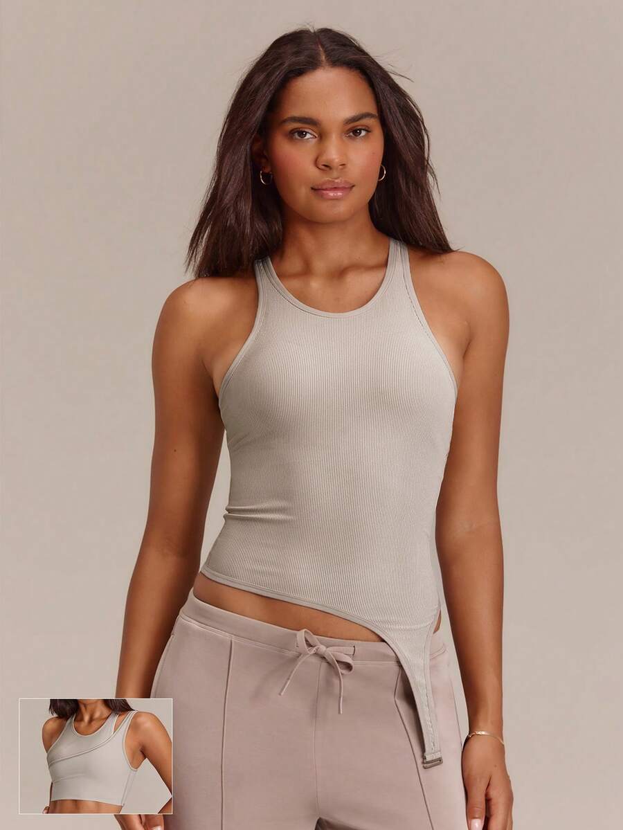 GLOWMODE Double Glow Waist-Length Two-Tone Reversible Tank Top With Removable Cups Daily Casual - Khaki - View 1