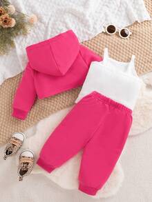 3pcs/Set Baby Girls Casual Sports Simple Sweatshirt Set, Spring Autumn - Hot Pink - View 2