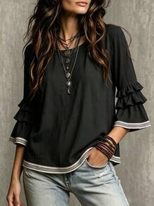 Glimmora Blus Wanita Musim Panas dan Gugur Terbaru, Gaya French Casual Boho, Longgar, Berkerut, Lengan 3/4 Mengembang, Cocok untuk Kencan Sehari-hari, Garis-garis Hitam Putih - Hitam - View 5