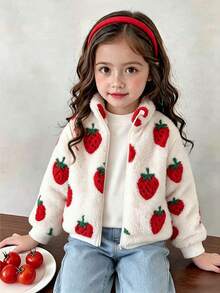 Elladie kids 1件少女甜美可愛草莓拉鍊立領加厚抓絨外套，適合春秋冬季日常休閒出遊 - 紅色 - 查看 1
