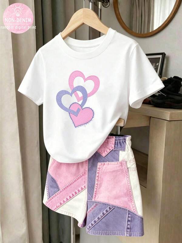 SHEIN Infant & Toddler Girls Sweet & Cool Contrast Color Heart Print Short Sleeve Set, New Round Neck Loose White T-Shirt, Pink & Purple Patchwork Contrast Color Faux Denim Shorts 2-Piece Set, Gentle Style Versatile Casual Daily & Outing Outfit, Unique Design T-Shirt Set, All-Season