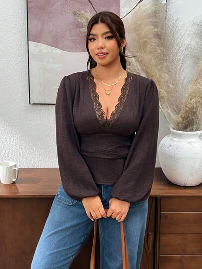 Lounesse Plus Size Women's Casual Shirt, Waist-Cinching Women's Top, Brown Long Sleeve Top, Spring/Autumn Daily Wear, Lace Collar Deep V-Neck Top