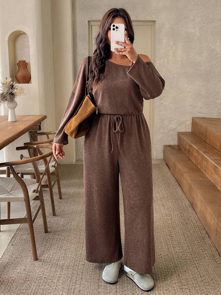 SHEIN Frenchy Plus Size Women Solid Color Asymmetric Neck Casual Daily Wear Jumpsuit Fall