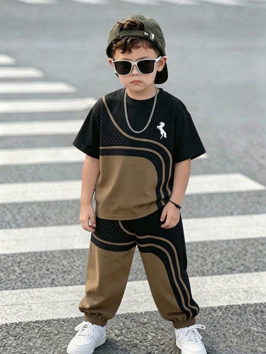 SHEIN Color Block Line Design, Printed Short Sleeve Crew Neck T-Shirt With Long Pants, Fashionable Outfit Suitable - Multicolor - View 1