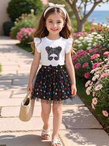Elladie kids Young Girl Portrait Print Ruffle Trim Top And Mesh Overlay Skirt Set - Multicolor - View 3