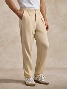 Courvante Men's Casual Commuter Slant Pocket Solid Color Pants, Beige Pants, Business Formal Style, Fall, Old Money - Apricot - View 4