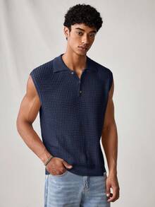 SWAVVY Men's Summer Casual Solid Color Sleeveless Knit Top - Navy Blue - View 1
