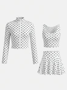 SHEIN 少女秋冬時尚休閒純色藍色長袖立領前開襟拉鍊T恤背心迷你裙褲3件套返校裝 - 黑與白 - 查看 6