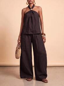 Zivah Spring/Summer Music Festival Easter St. Patrick's Day Valentine's Day Beach Vacation Sexy Jamaican Sleeveless Halter Neck Linen Shades Of Brown Pants - Brown - View 3